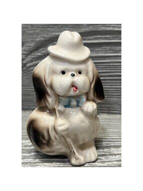 Vintage Porcelain Dog Handsome Gentleman Ceramic 3.5” Hat & Cane Japan